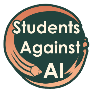 Circular logo framed with orange pencil and brushstroke, with green background and off-white text reading 'Students Against AI'.